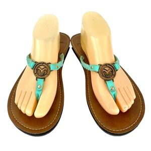Ocean Minded Leather Sandals Women's 10 Flip Flops Shoes Flats Teal Slip On LKNU